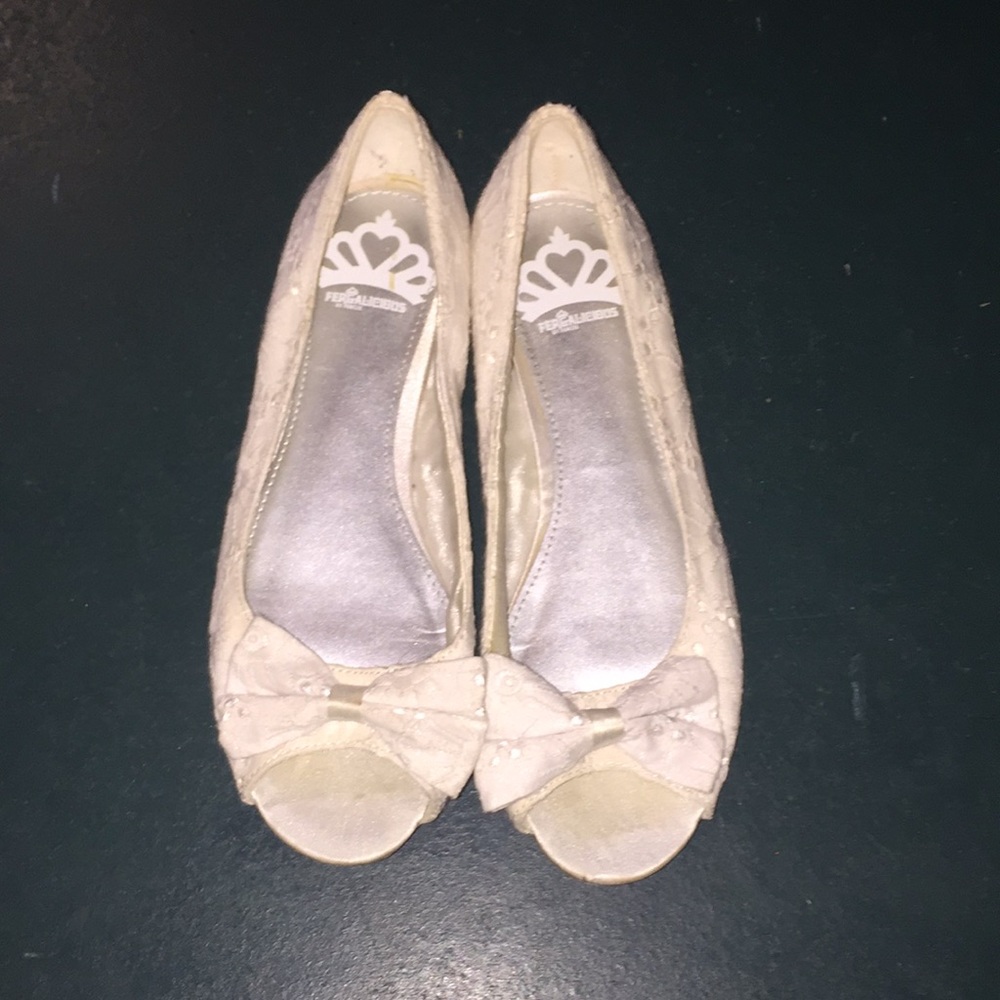 Slide on white lace dress shoes